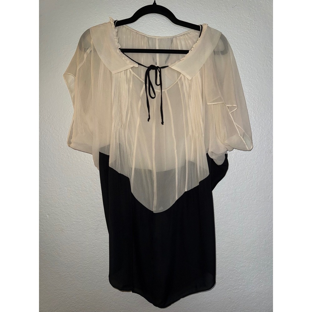 Gary Graham 100% Silk Tunic Top Size 2 Black Cream Sheer Pleated Layered